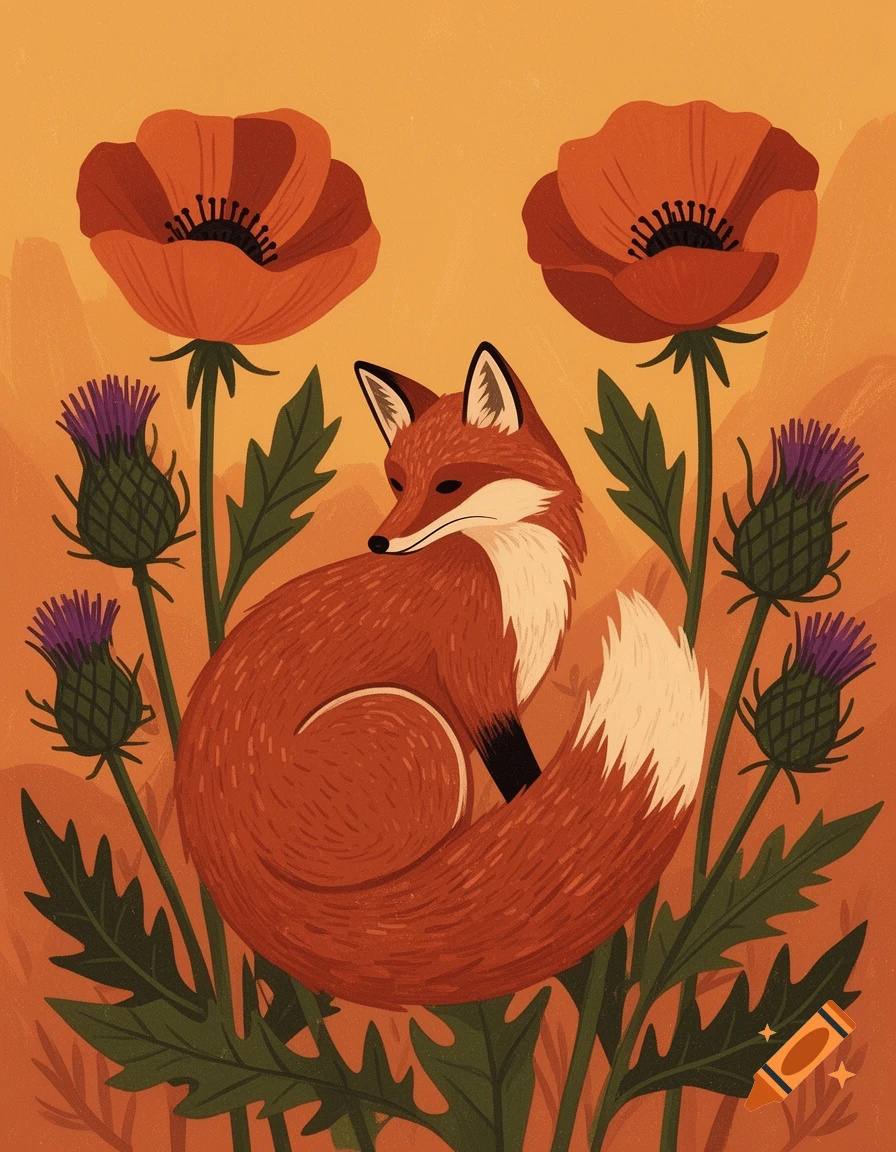 A folk-art illustration of a stylized red fox curled among large orange poppies and purple thistles on a warm ochre background.