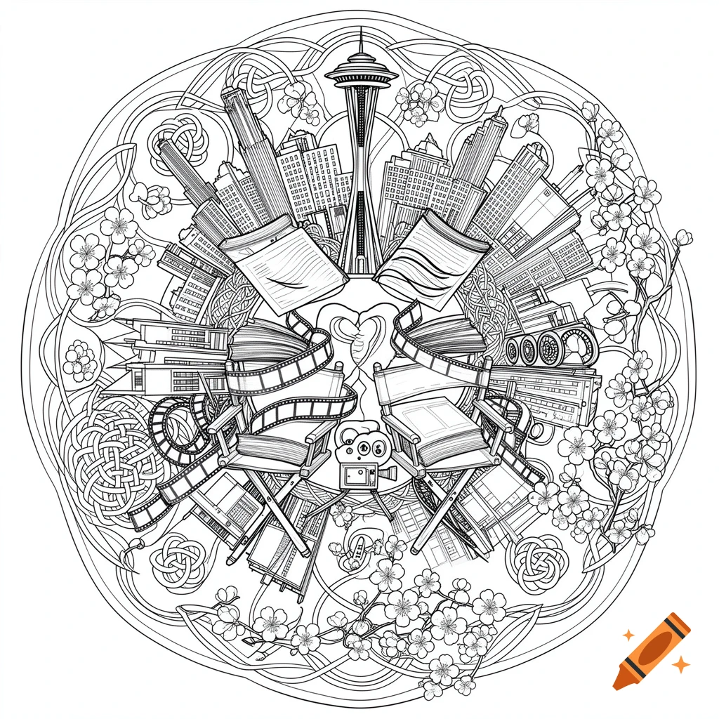 An intricate mandala line art coloring page depicting the Seattle skyline with the Space Needle, books, film equipment, director's chairs, Celtic knots, and cherry blossoms.