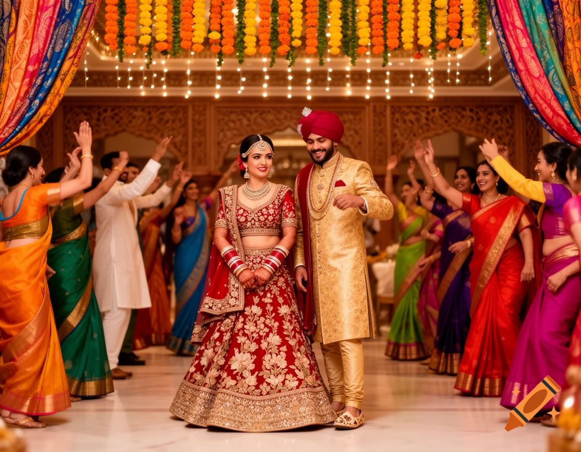A vibrant Indian wedding scene with a smiling bride and groom in traditional attire surrounded by guests.