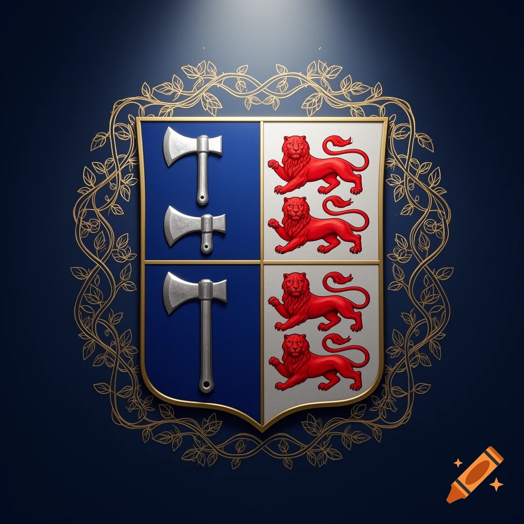 A heraldic coat of arms featuring a blue and silver shield with three silver axes and three red lions, surrounded by a golden floral wreath.
