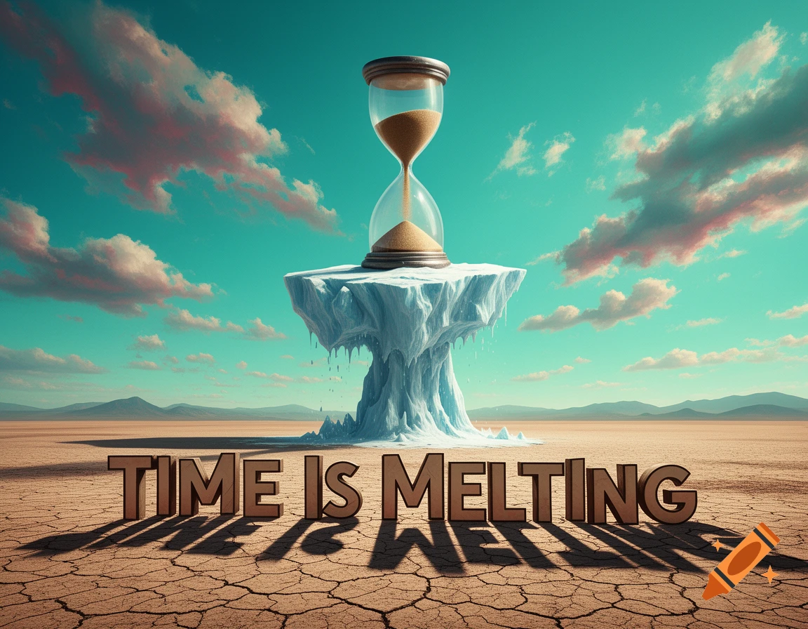 A giant hourglass sits on a melting ice pedestal in a cracked desert, under a teal sky. The text 'TIME IS MELTING' is on the ground.