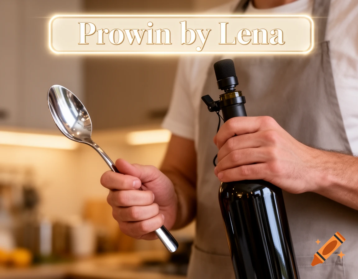 Person in an apron holds a shiny spoon and a dark bottle with a microphone attached, with a glowing 'Prowin by Lena' banner.