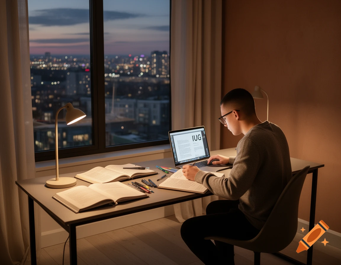 A student studies at a desk with a laptop and books, overlooking a city at dusk from a window.