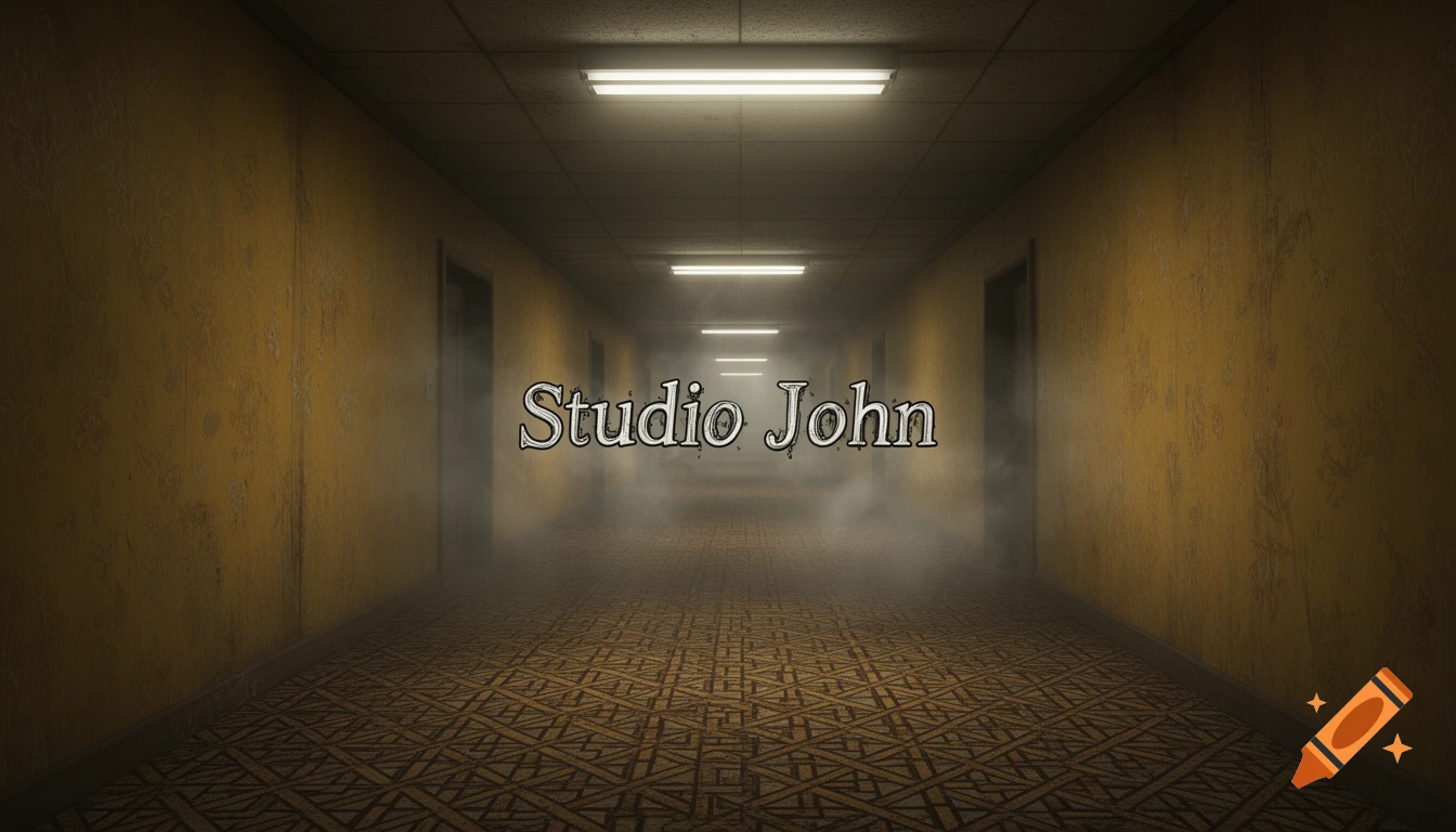 A long, dark, foggy hallway with yellow textured walls, a patterned floor, and fluorescent lights on the ceiling, with 'Studio John' written in the center.