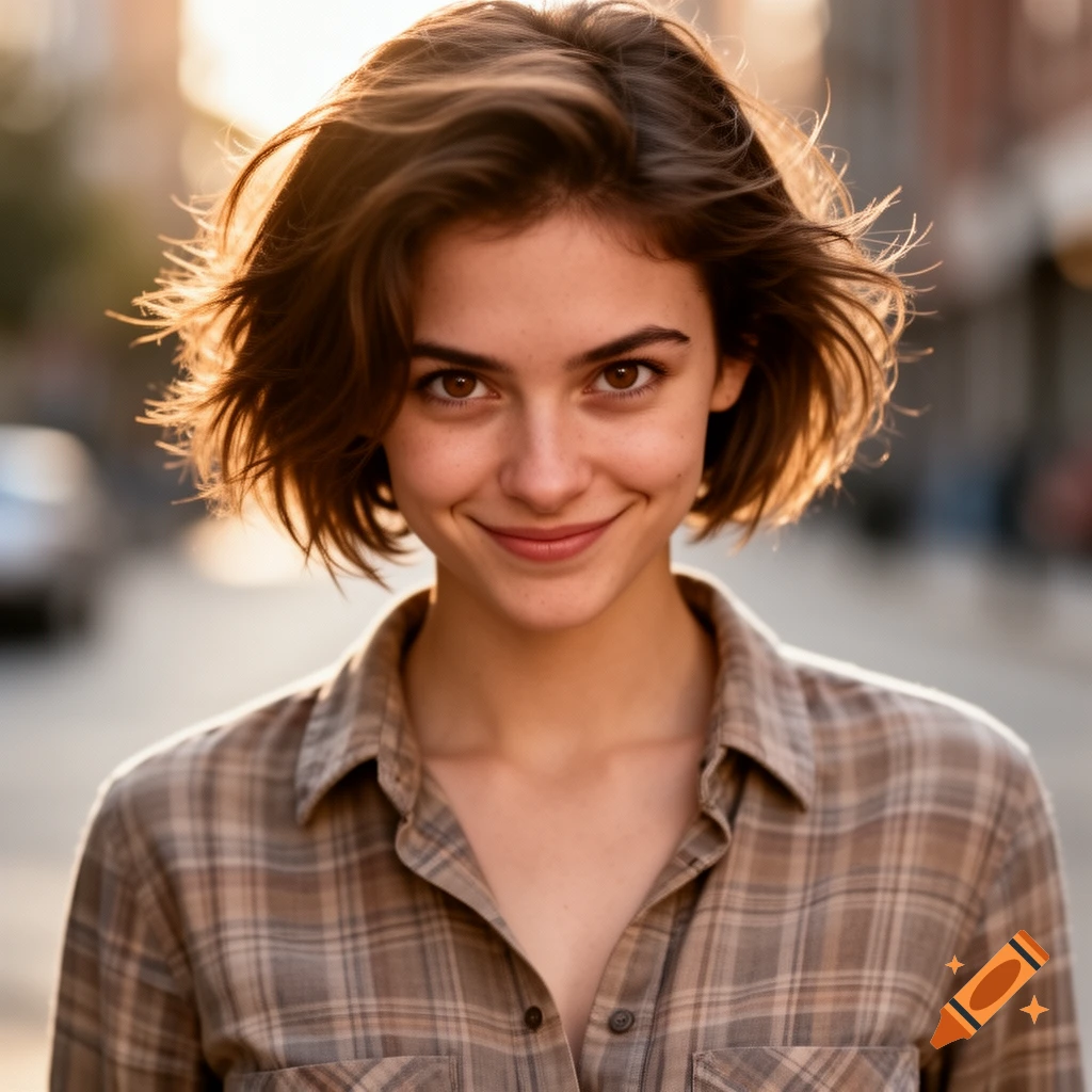 A photorealistic portrait of a young woman with short brown hair and a wry smile, wearing a plaid shirt, outdoors with warm lighting.