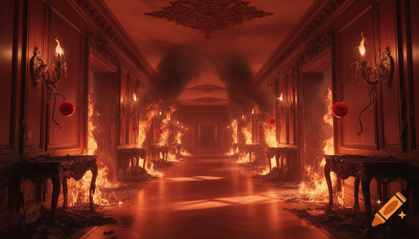 A wide view of an ornate hotel corridor engulfed in flames and smoke, with burning tables lining the walls.