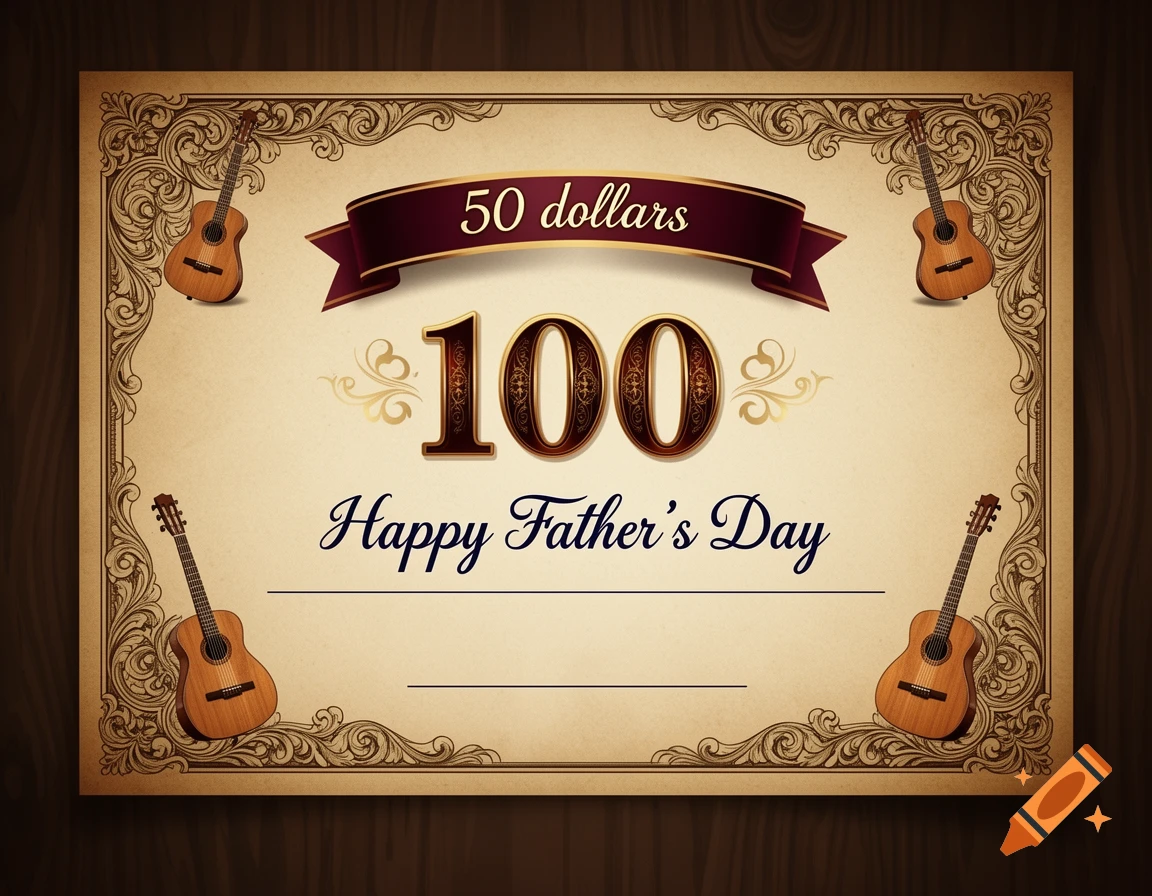 A vintage Father's Day gift certificate with a "100" and "50 dollars" ribbon, adorned with guitars and ornate borders.