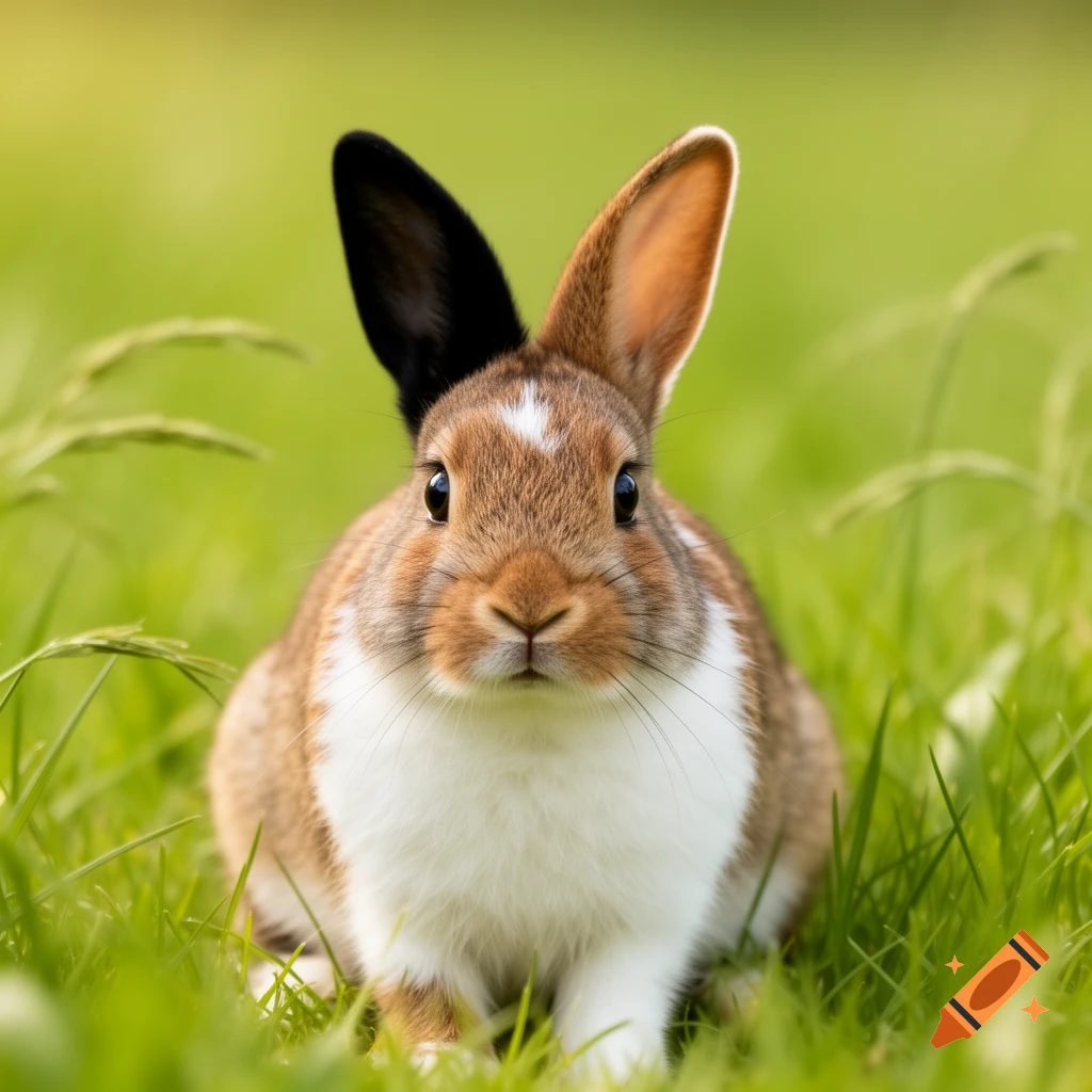 A close-up photorealistic image of a brown, black, and white rabbit with one black ear and one brown ear, sitting in green grass.