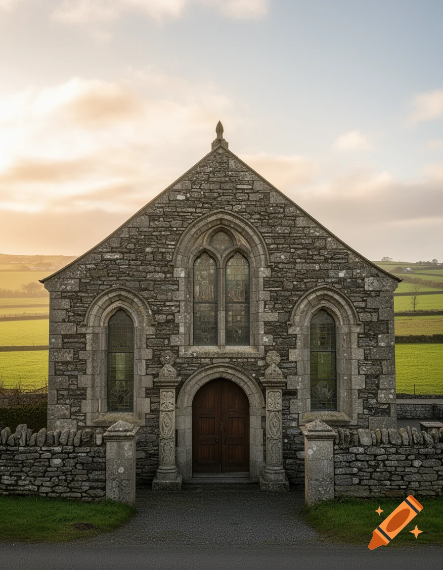 A stone church with a pointed roof and arched windows stands in a rural landscape with green fields under a cloudy sky.