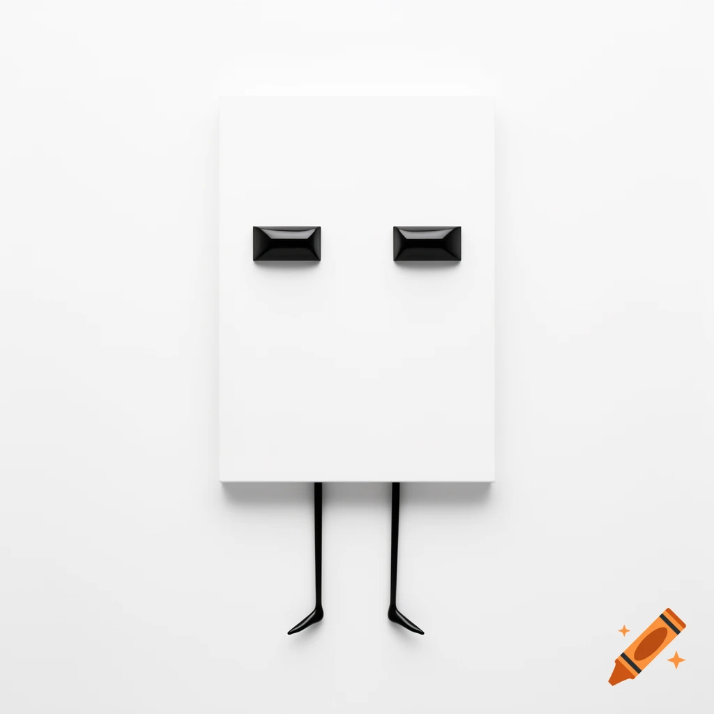 A white rectangle with two black rectangular eyes and two black stick legs, against a white background.
