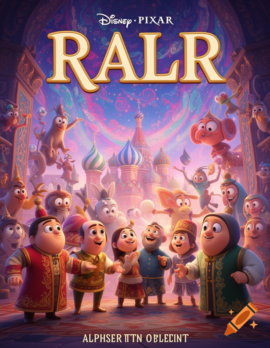A colorful Disney Pixar-style movie poster titled 'RALR' featuring a group of smiling, anthropomorphic cartoon characters and people in traditional attire in front of a whimsical Russian-inspired city skyline.