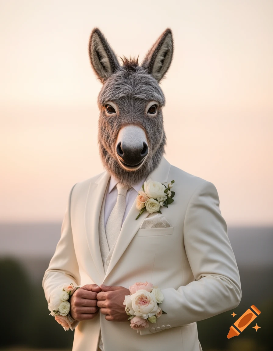 A photorealistic image of a donkey-headed man wearing a cream-colored wedding suit with floral arrangements.