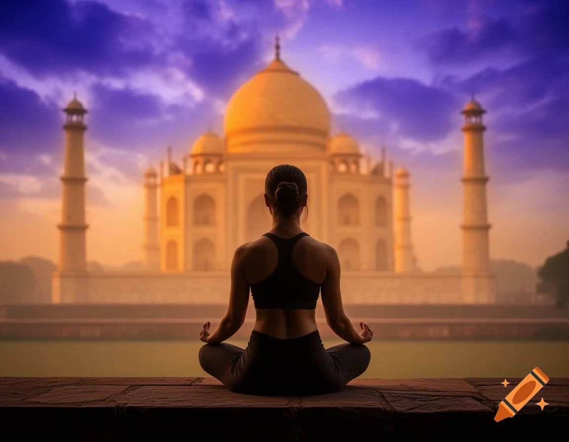 Woman in yoga pose on a stone platform, facing the Taj Mahal at sunrise under a dramatic purple and orange sky, photorealistic.