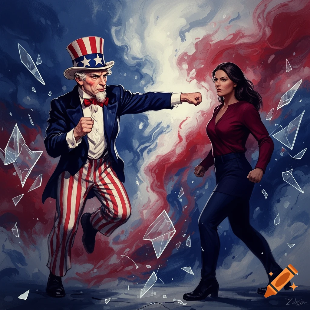 Uncle Sam punching a woman, surrounded by shattered glass against a dynamic red, white, and blue abstract background, in an illustrative style.