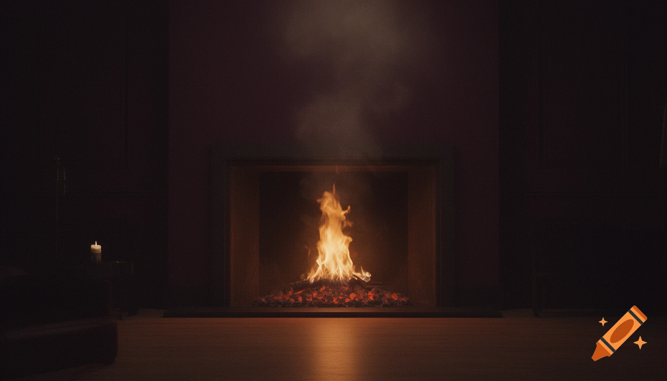 A cozy, cinematic image of a fireplace with a steady fire and glowing embers in a dimly lit, wine-dark room.