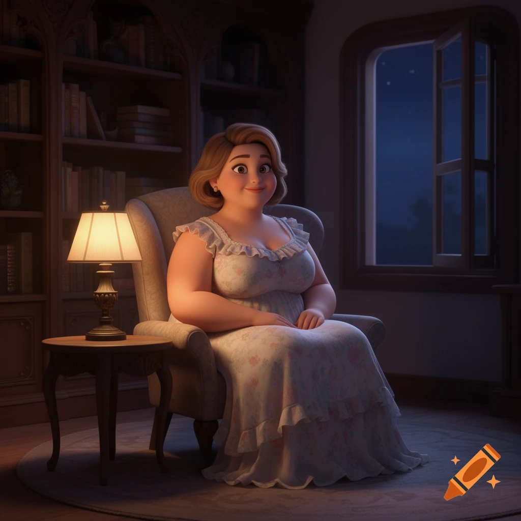 A smiling plus-size woman with light brown hair sits in an armchair at night, lit by a warm lamp, in a den with a bookshelf and open window, in 3D cartoon style.
