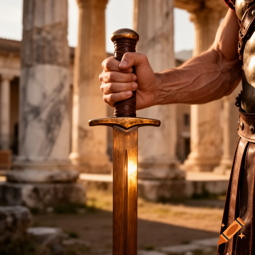 A muscular hand gripping a bronze sword in front of sunlit ancient ruins with tall columns.