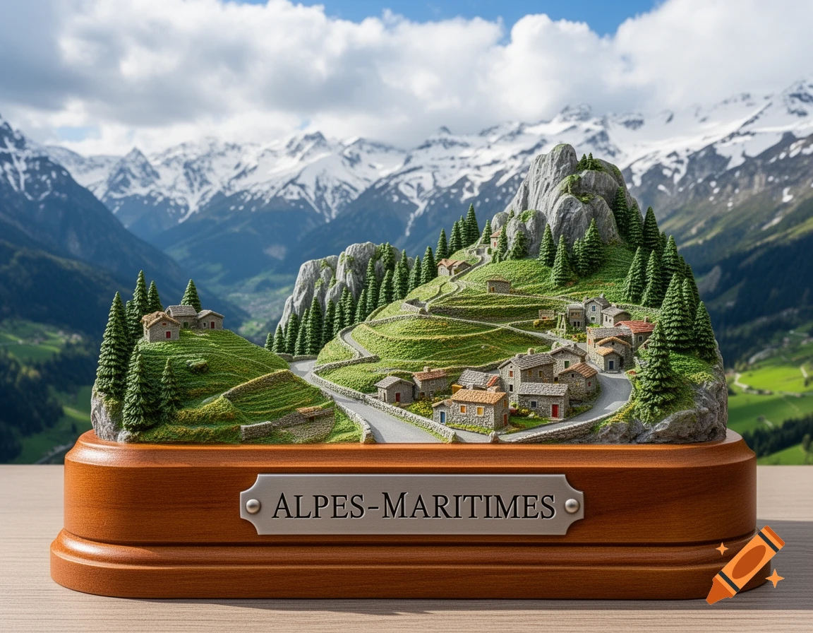 A detailed miniature diorama of a mountain village with green terraced hills, pine trees, and a winding road, set against real snow-capped Alps. A plaque on the base reads 'ALPES-MARITIMES'.