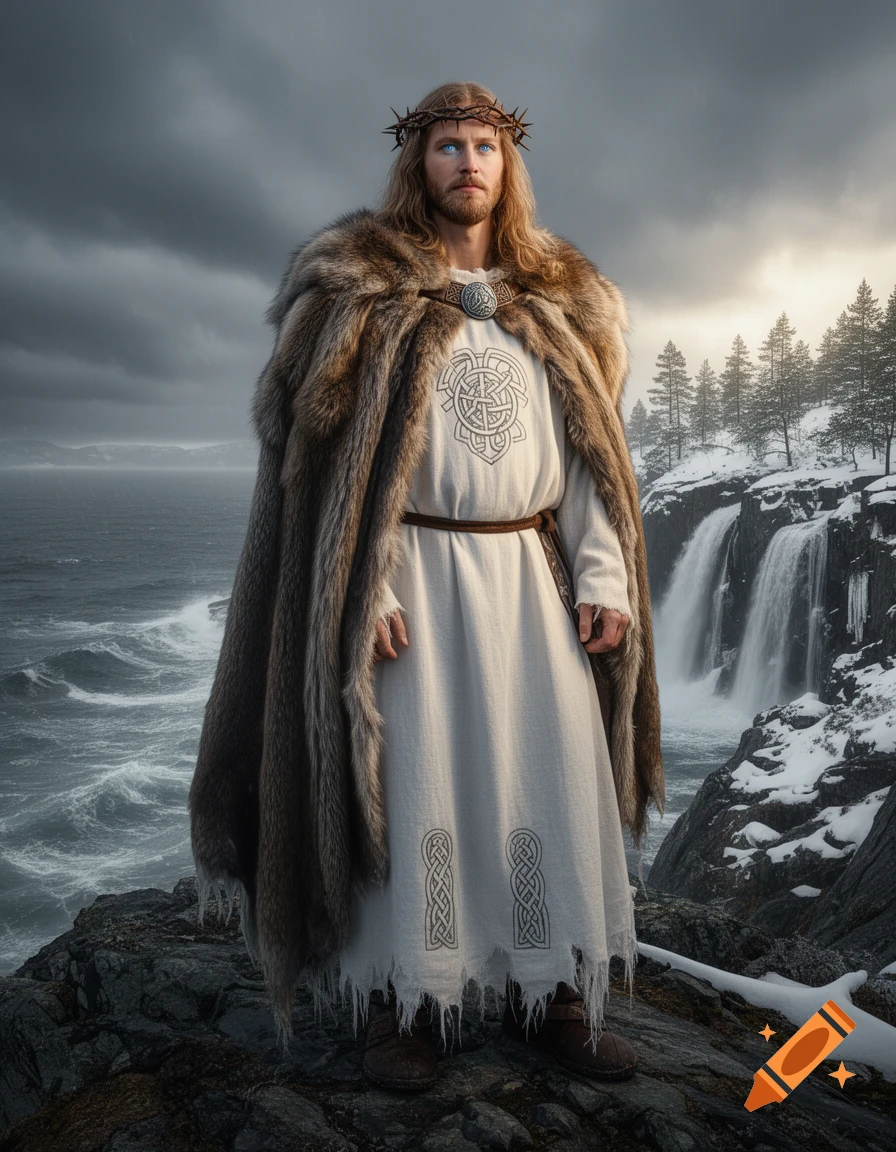 A bearded man with a crown of thorns, wearing a fur cloak and tunic with Celtic knotwork, stands on a cliff overlooking a stormy sea and a snowy waterfall.