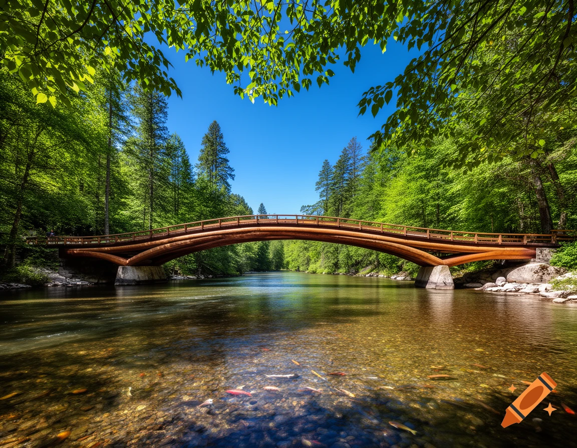 A rustic wooden arched bridge spans a clear river with fish, surrounded by lush green forests under a bright blue sky.