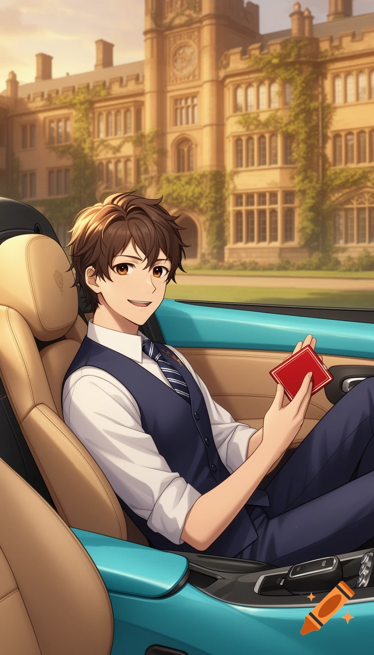 An anime-style young man in a suit smiles from a turquoise luxury car, holding a red card, with an ivy-covered academy building in the background.