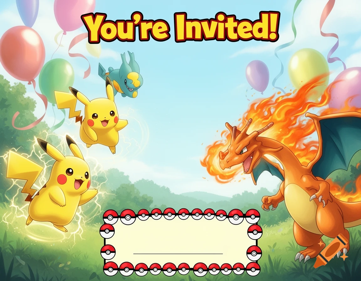 A colorful Pokemon birthday invitation with Pikachu, Charizard, and a green Pokemon against a sky and grassy background, with balloons and 'You're Invited!' text.