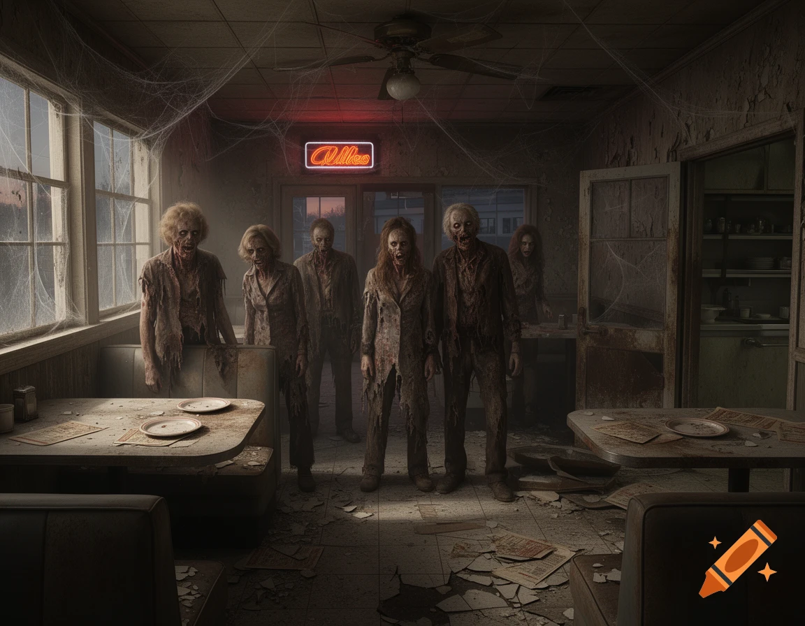 A group of decaying zombies stand inside a dark, cobweb-filled post-apocalyptic diner with broken furniture and debris.