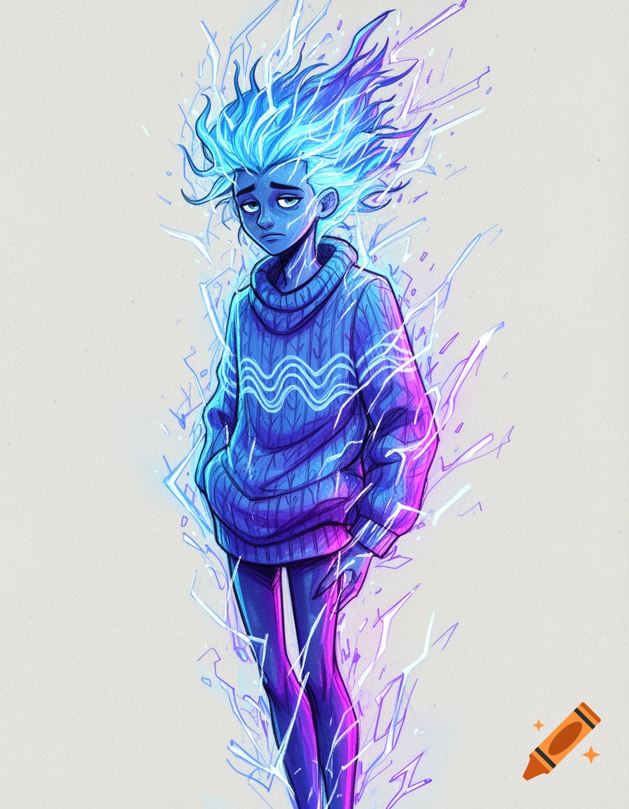 A stylized character of an energy being with messy blue static hair, wearing an oversized blue sweater, in a vibrant comic art style.