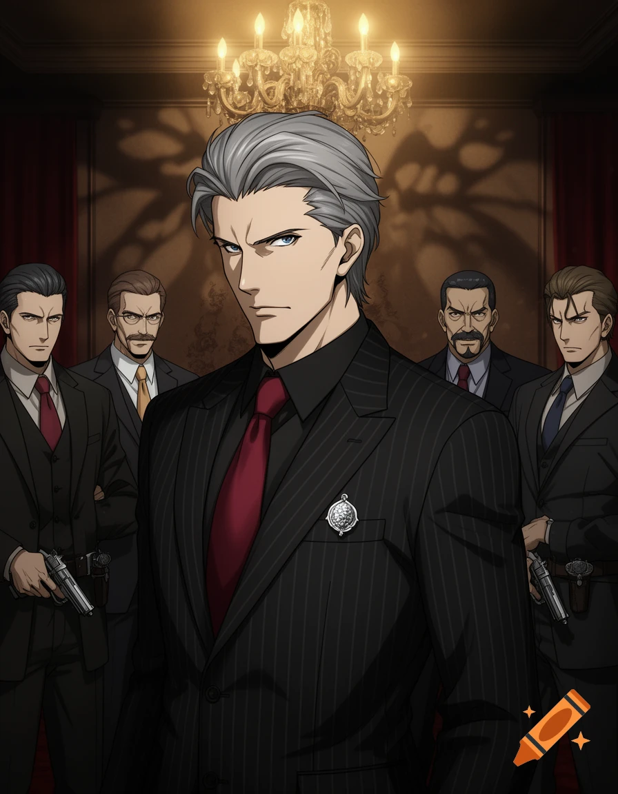 Anime men in suits, including a grey-haired leader with a red tie, in a dimly lit room with a chandelier; some hold guns.
