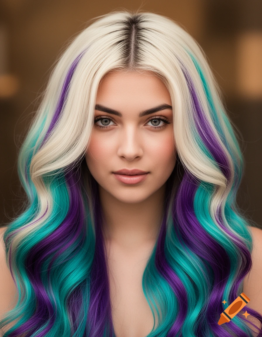 A front-facing portrait of a young woman with long, wavy platinum blonde hair, featuring chunky teal and deep purple streaks.