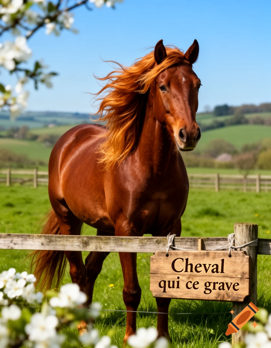 A majestic brown horse with a flowing red mane stands in a green field with a wooden fence and a sign, framed by white blossoms.