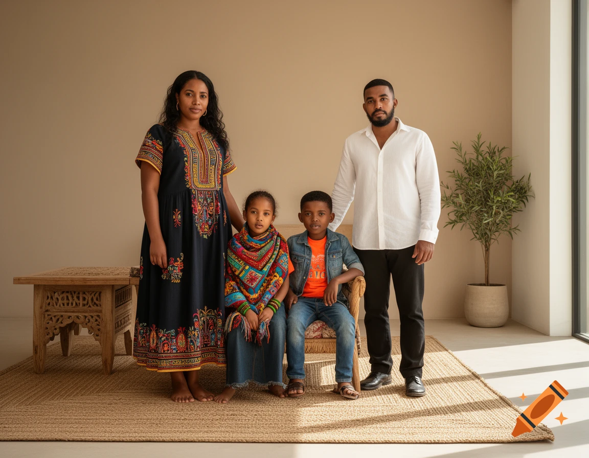 A photorealistic portrait of an Oromo family: a mother in a colorful dress, a father in a white shirt, and their two children sitting on a chair, all standing on a rug in a minimalist room.