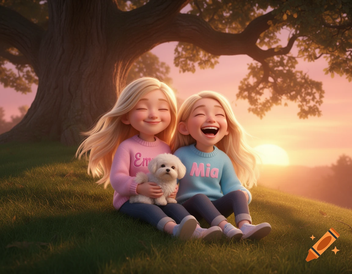 Two smiling blonde cartoon girls and a puppy sit on a grassy hill under a tree at sunset in 3D digital art.
