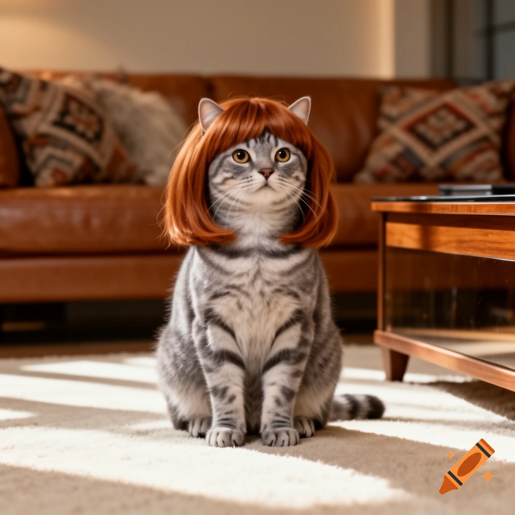 A gray tabby cat wearing a reddish-brown bob wig sits on a light carpet in a sunny living room.