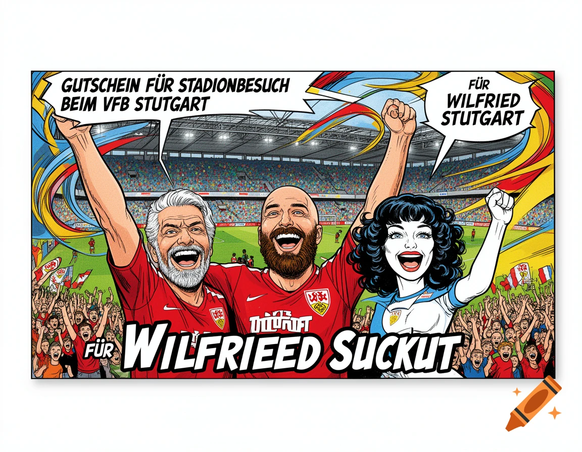 Comic art voucher for a stadium visit to VfB Stuttgart, featuring three cheering fans with a football stadium in the background.