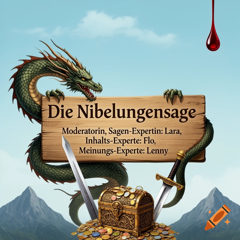 A green dragon behind a wooden sign that reads "Die Nibelungensage" and lists names. Below are a treasure chest, two swords, and mountains, with a blood drop from the top right.