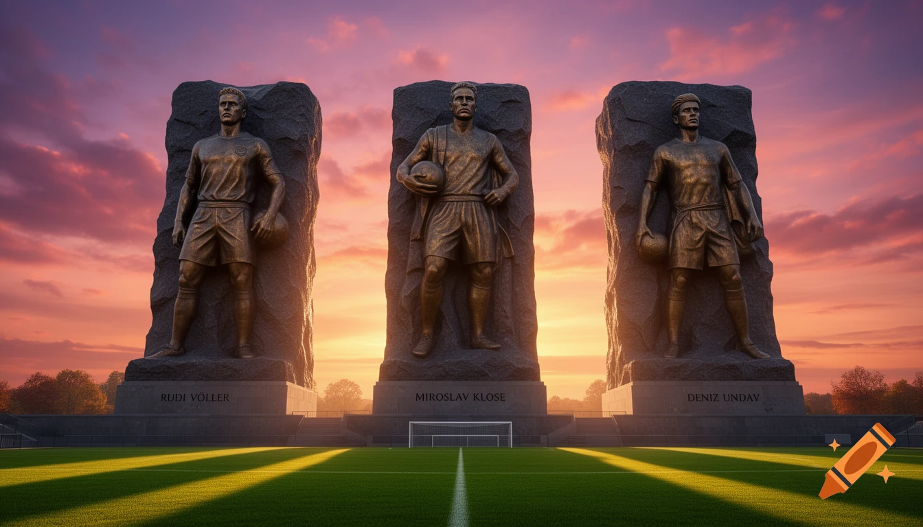 Three giant bronze statues of soccer players stand on granite bases on a soccer field at sunset, with long shadows.