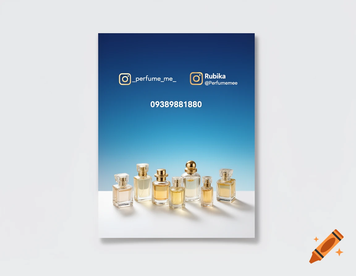 A professional advertising banner featuring several small perfume bottles on a white surface with a blue background, displaying social media handles and a phone number.