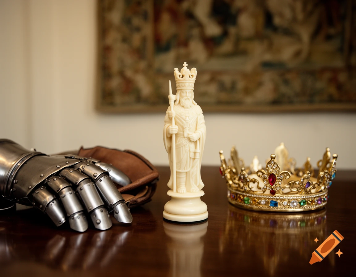 A photorealistic still life of a king chess piece, an armored gauntlet, and a jeweled crown on a wooden table.
