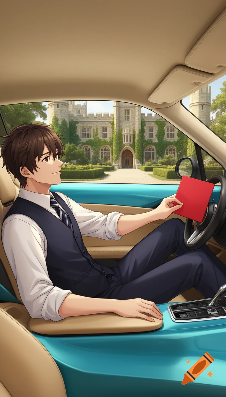 Anime-style illustration of a handsome young man in a turquoise sports car holding a red card, with a castle in the background.