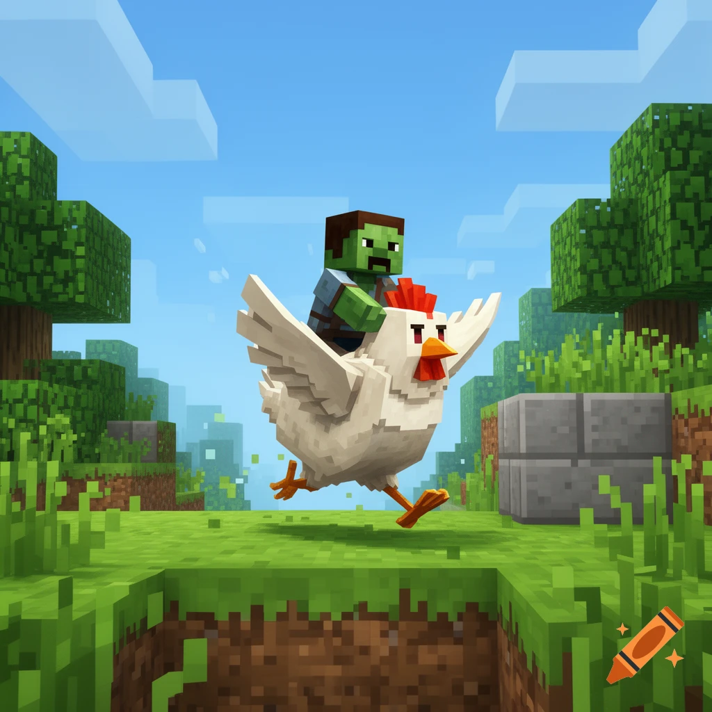 A blocky Minecraft zombie rides a flying white chicken through a green blocky landscape under a blue sky.