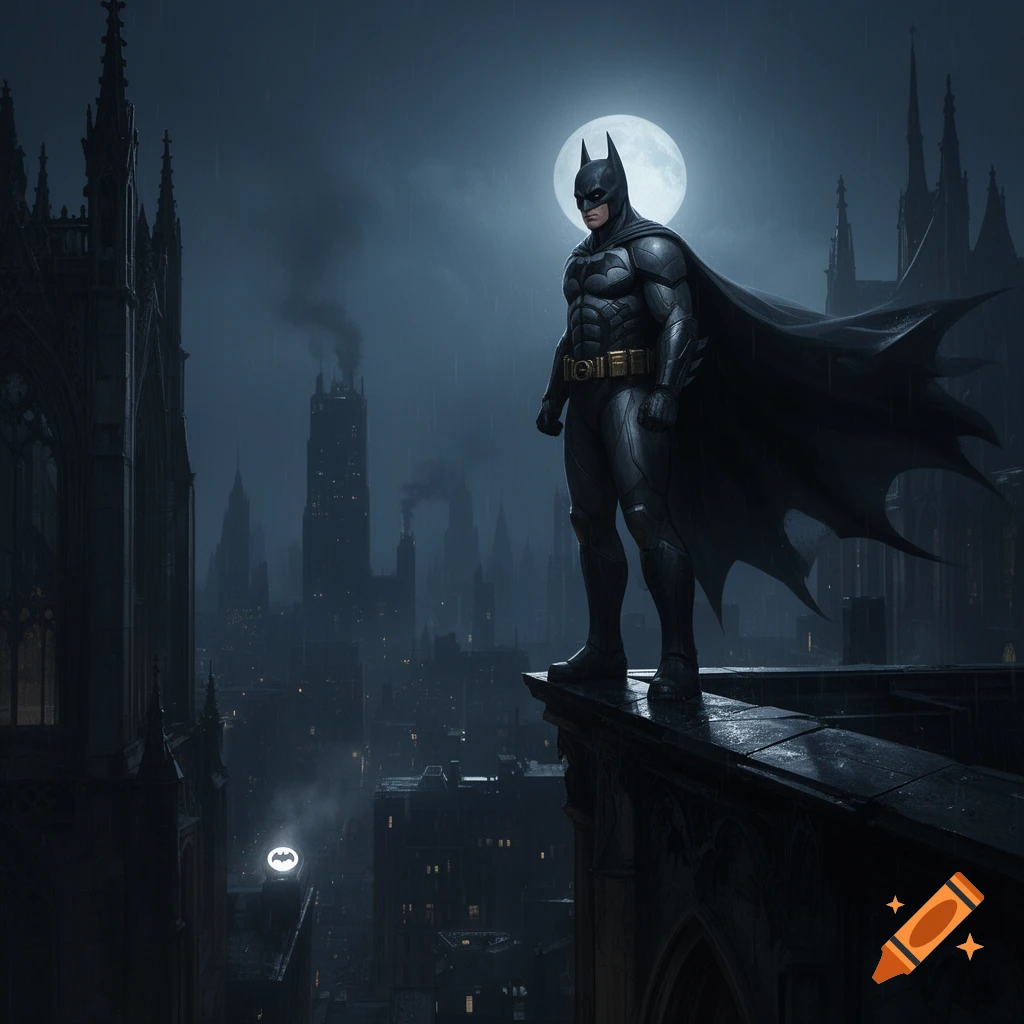 Batman stands on a gothic rooftop overlooking a dark, rainy city under a full moon, with the Bat-Signal visible.