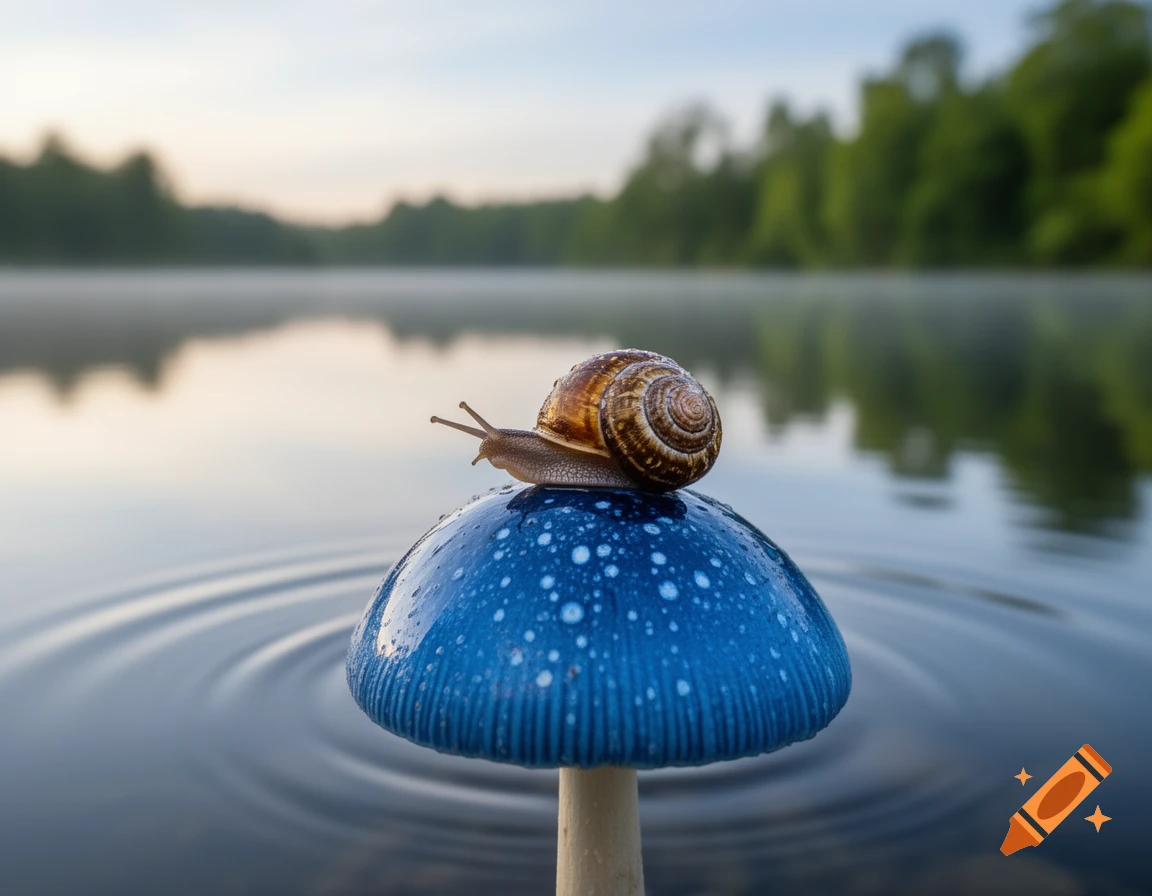 A snail rests on a vibrant blue mushroom partially submerged in a calm lake, with trees in the distant background.