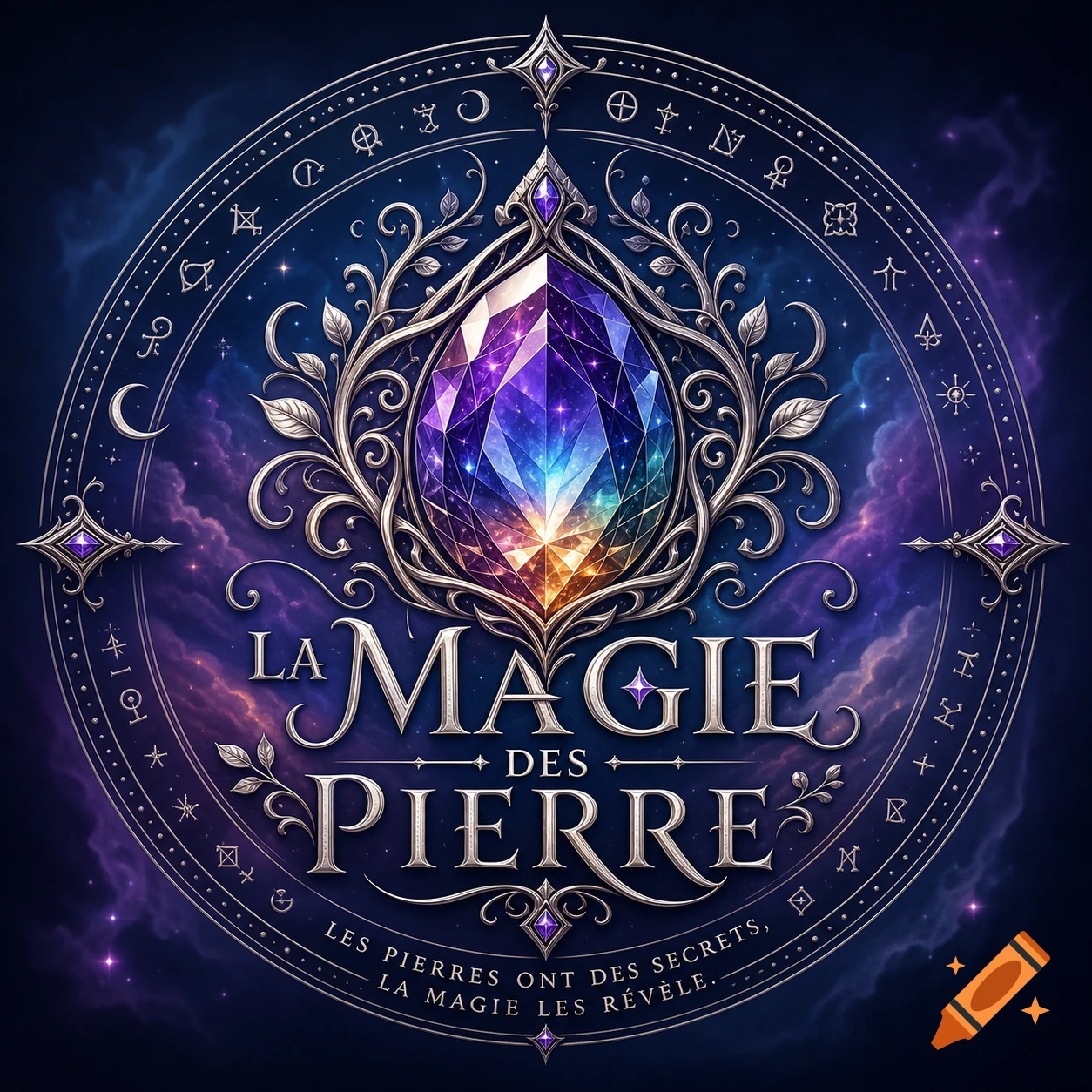 A fantasy logo with a large, faceted purple and blue gemstone surrounded by silver filigree, against a starry cosmic background. Text reads 'La Magie Des Pierre'.