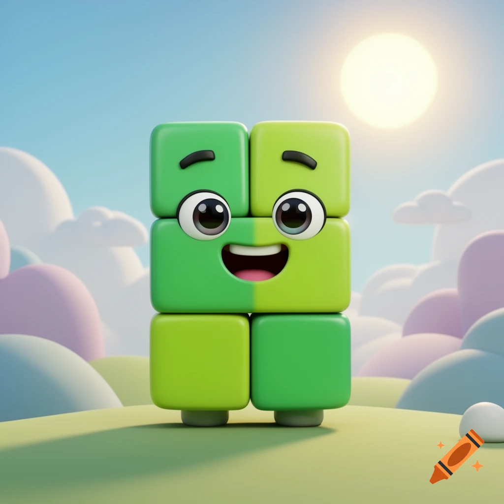 A cheerful, bright green block character with big eyes and a wide smile stands in a sunny, rolling green landscape with pastel clouds.