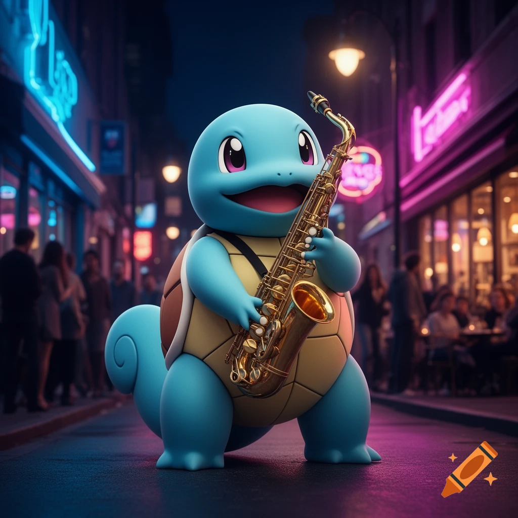 A cheerful Squirtle plays a saxophone on a neon-lit city street at night, with blurred people in the background.