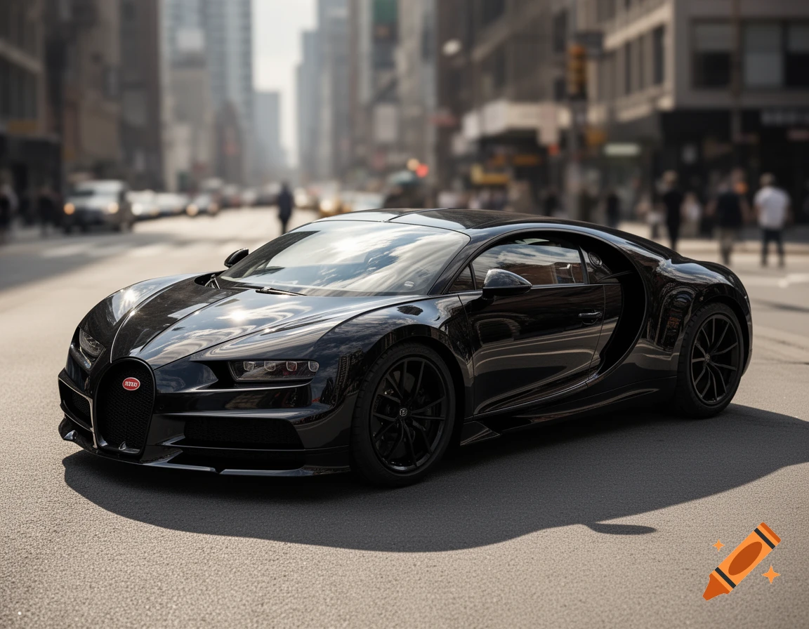 A shiny black Bugatti sports car with black trim on a city street. Blurred buildings and people in the background.