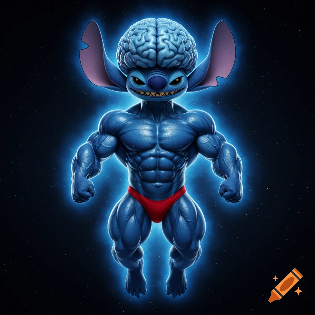 Hyper-realistic, muscular blue Stitch with an enlarged brain-like head, wearing a red thong, floating in space with a blue aura.