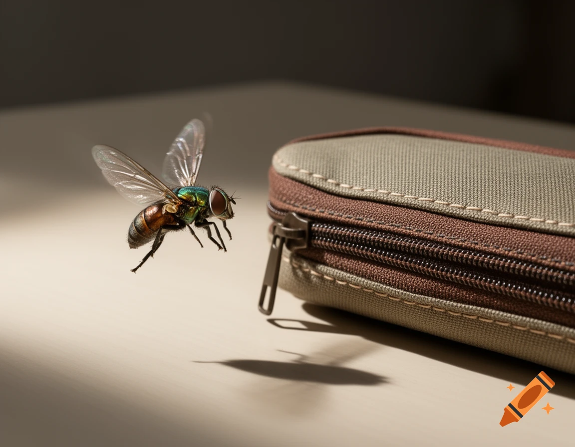A metallic green fly hovers in the air next to a brown and tan zippered pencil case on a light surface with shadows.