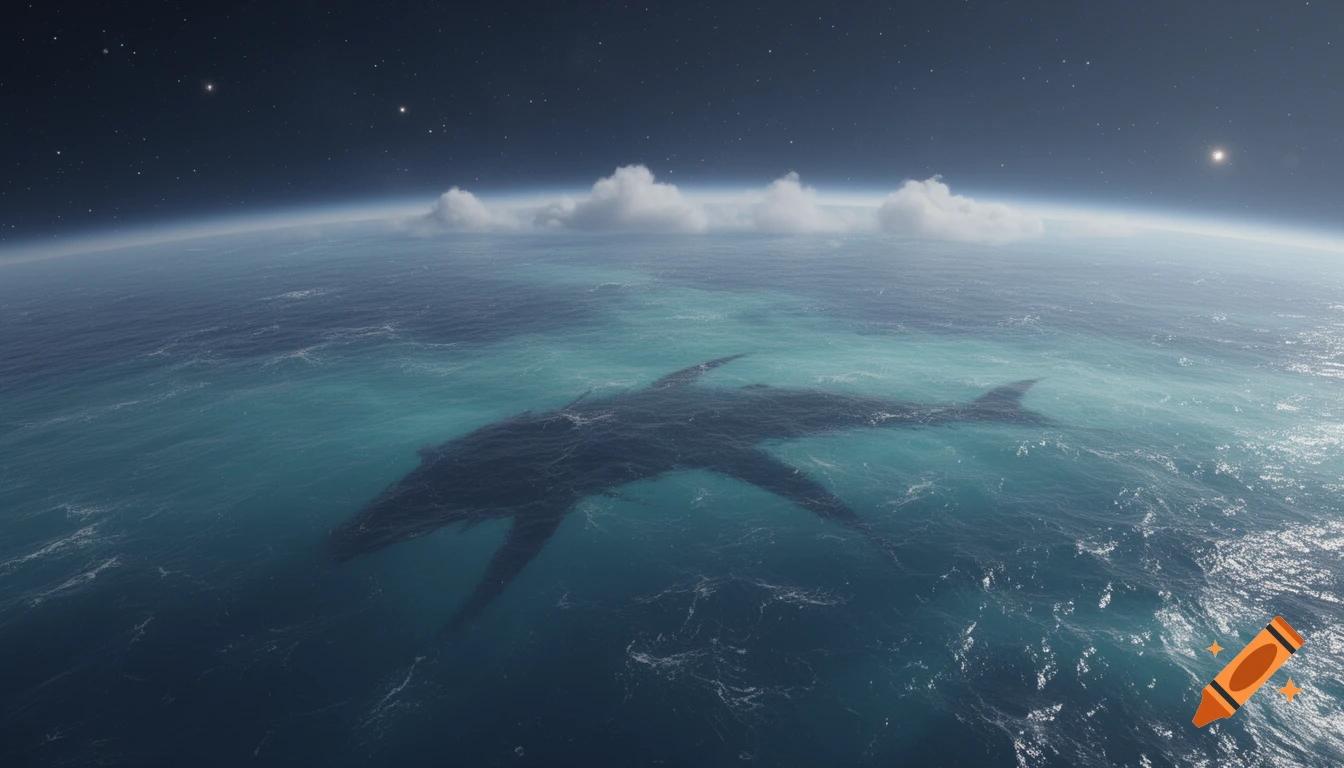 A vast blue ocean planet from space, with a giant whale silhouette visible beneath the surface, clouds, and stars in the night sky.